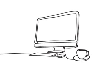 A simple line drawing if a laptop and coffee mug